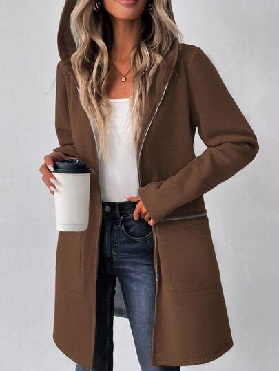 EMERY ROSE 女式秋季长袖连帽夹克，落肩，卫衣材质，拉链装饰，中长款，休闲