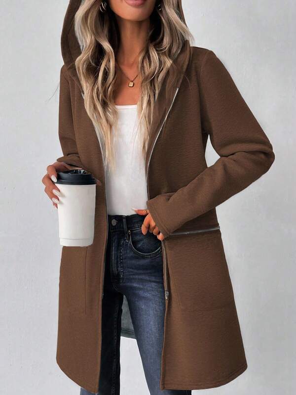 EMERY ROSE Women's Autumn Long Sleeve Hoodie Jacket, Drop Shoulder, Sweatshirt Material, Zipper Decor, Mid-Length, Casual