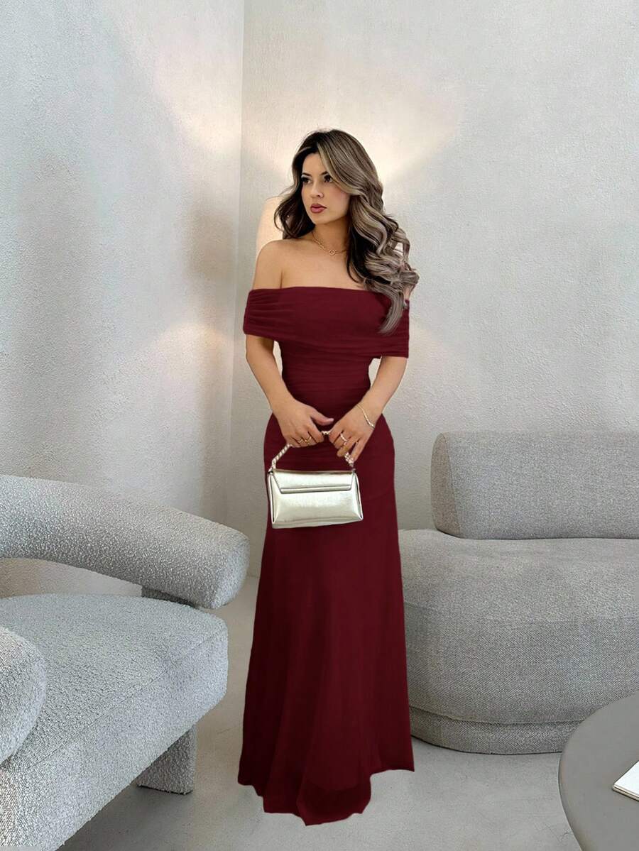 Jemour Women's Off Shoulder Gathered Waist Ruffle Hem Elegant Long Dress, Suitable For Wedding, Date Occasions - Burgundy - View 1
