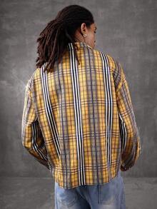 PAVTROS Manfinity Streetrush Men's Yellow Plaid Creative Letter Pattern Rhinestone Embellished Long Sleeve Shirt,Rhinestone,Halloween,Halloween Party,Streetwear Peace Shirt Graphic Shirt Men Vintage Shirt Yellow Plaid Shirt Men Streetwear Shirt, Fall