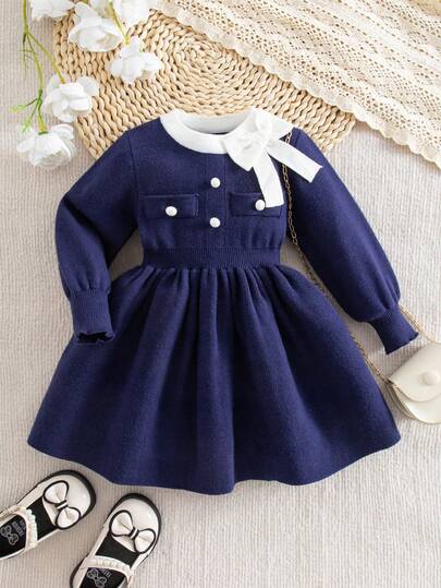 SHEIN 女婴秋冬款3D蝴蝶结装饰仿口袋圆领针织连衣裙