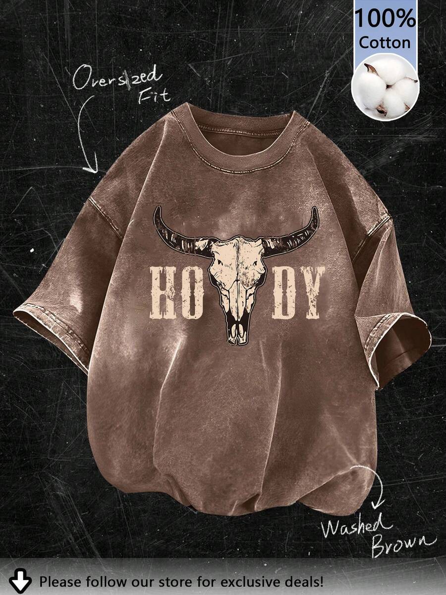 Tseoso Casual Loose Western Cowgirl Style Vintage Washed 100% Cotton Round Neck Short Sleeve T-Shirt For Women, Suitable For Summer Suitable For Going Out