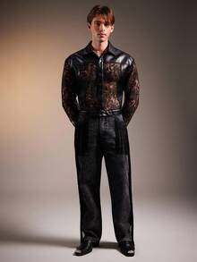 FeverCity Men's Fashion Sexy PU Leather & Contrast Lace Jacket, Fall Winter, Grunge