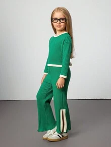 SHEIN 2pcs/Set Young Girl Beige Patchwork Green Contrast Color Casual Top And Flared Leg Pants Set,Softautumncolorpalette,Familymatching Ribbed Knit Outfit - Multicolor - View 7