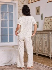 CottageSlumber 黑色碎花泡泡褶皱女式睡衣套装 - 杏色 - 查看 2