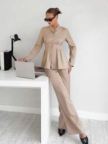 Siren Gaze 2 件套女士商务休闲办公/通勤装，适合教师 - 杏色 - 查看 5