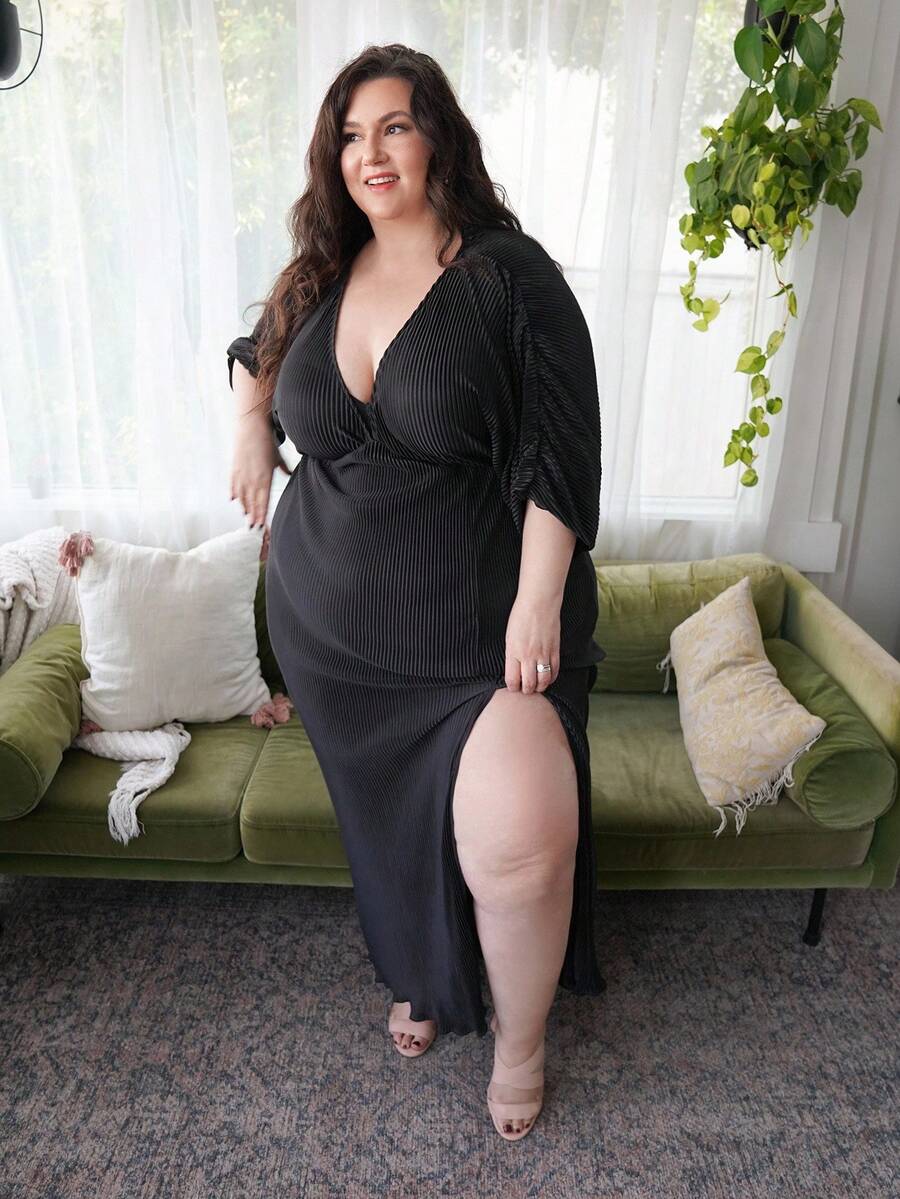 Truni Vestido de otoño elegante para mujer, vestido largo con abertura alta, de unicolor, elegante y sexy, para silueta de pera y triángulo invertido, tallas grandes