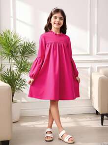 SHEIN Tween Girls' Sweet Frill Trim Lantern Sleeve Dress, Suitable For Autumn/Winter - Hot Pink - View 6