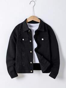 青少年男孩时尚休闲复古 Y2K 黑色牛仔宽松夹克，儿童服装，男孩服装，日常穿着，百搭时尚单品，适合全年穿着，度假和海滩穿着 - 黑色 - 查看 8