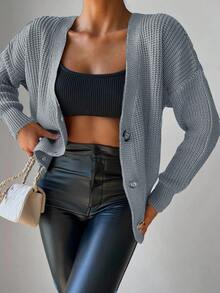 Drop Shoulder Button Front Cardigan - Blue - View 5