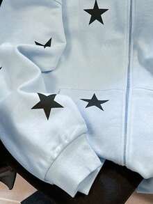 SHEIN 新款流行星形图案宽松拉链女式卫衣 - 藍色 - 查看 4