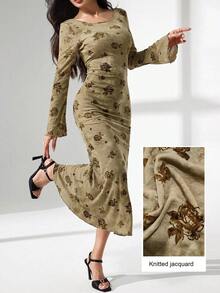 Modelyn 女士优雅玫瑰提花系带针织中长连衣裙，长袖，圆领 - 棕色 - 查看 3