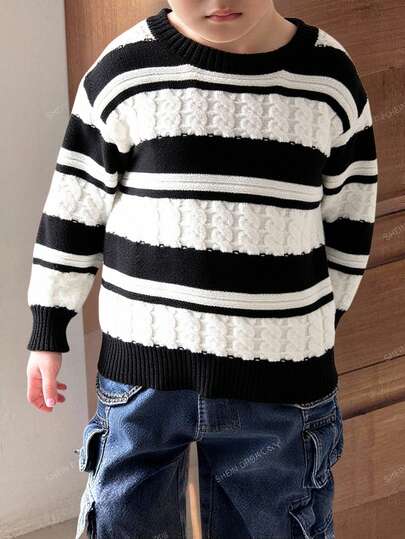 SHEIN Barn/Ung Pojke Casual Vardaglig Mångsidig Bekväm Svart & Vit Randig Rund Halsad Tjock Stickad Tröja