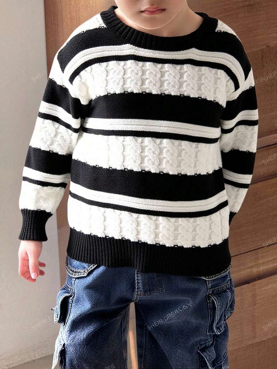 SHEIN 儿童/男童休闲日常百搭舒适黑白条纹圆领厚针织毛衣 - 彩色 - 查看 1