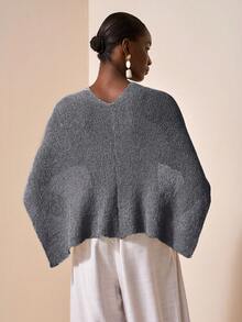 Zivah 性感披肩斗篷百搭针织披肩细肩带 V 领不对称肩部设计上衣，度假风格 - 灰色 - 查看 2