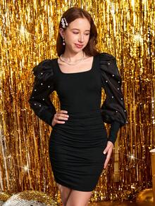 Pitira Teen Girls Black Knit Mesh Puff Sleeve Beaded Square Neck Ruched Fitted Party Dress, Elegant Cocktail Dress For Christmas, Halloween, Chinese New Year Pearl Detail Dress Black Dress Girl Girls Night Out Dress Puff Sleeve Dress Fall Winter - Black - View 9