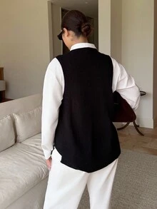 Dripcurv 加大码宽松纽扣下摆开叉套头毛衣背心商务休闲女士、度假装、乡村上衣 - 黑色 - 查看 4