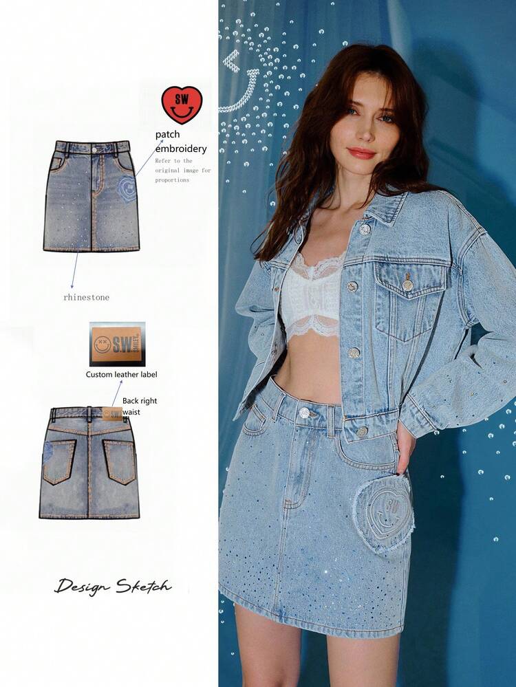 S.W.Smiley x MOTF RHINESTONE HEART PATCHED DENIM SKIRT