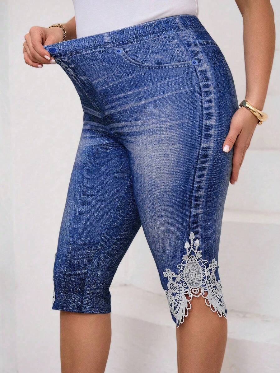 Chikora Plus Size Denim Effect Lace Patchwork Leggings - Blue - View 1