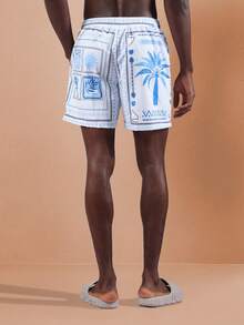 SUMWON Shorts de playa casuales con estampado de palmeras, tabla de surf hawaiana, pantalones cortos de verano con cordón y cintura elástica, ropa de resort, vacaciones, shorts para fiesta en la piscina