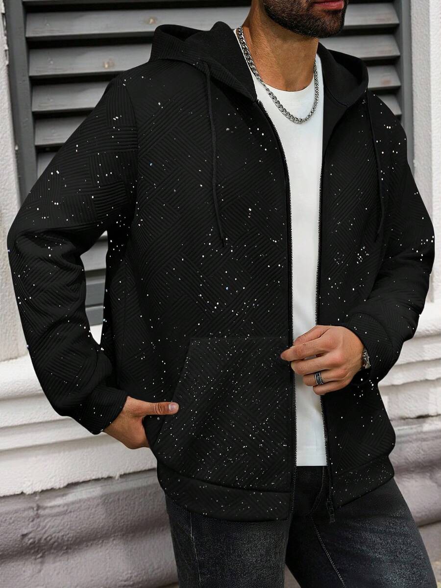 Manfinity Homme Plus Size Men's Casual Zip-Up Hoodie With Metallic Texture, Fall, Long Sleeve Top - Black - View 1