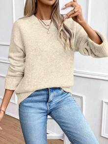 EMERY ROSE Women's Casual Loose Fit Drop Shoulder Long Sleeve Crew Neck Sweater - Apricot - View 4