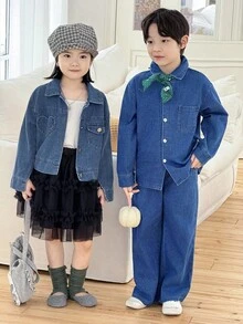 Genkimix Kids Bộ 3 món thời trang dành cho bé gái, gồm áo khoác denim dài tay, áo hai dây dệt kim và chân váy voan, thích hợp cho mùa thu đông. - Rửa trung bình - Xem 6