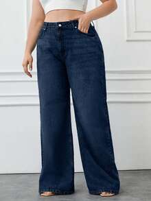 Jeans casual a gamba dritta e ampia in 100% cotone, taglia comoda per donna, colore blu