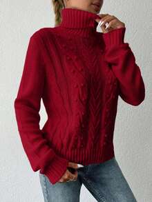 EURMUSE Women's Solid Color High Neck Knitted Casual Cable Knit Pullover Sweater - Merah - View 3