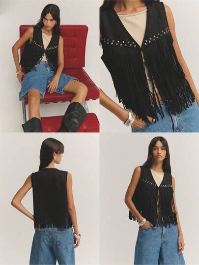 Nöista Show Off Your Inner Boho Babe With This Black Faux Suede Vest! Decorated With Edgy Studs And Dramatic Fringe, This Vest Is Your New Go-To For Festival Season, Music Events, Or Making A Statement With Your Holiday And Winter Women's Clothes. Pair It With Jeans Or A Mini Skirt For A Bold, On- Western-Inspired Look!