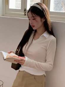 DAZY 女式 V 领撞色二合一短长袖 T 恤 - 米色 - 查看 5