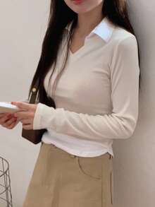 DAZY 女式 V 领撞色二合一短长袖 T 恤 - 米色 - 查看 6