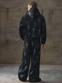 AXEPEAK Sudadera con capucha y pantalón de chándal con estampado de cruz para hombre, conjunto casual para otoño e invierno - Negro - Ver 3