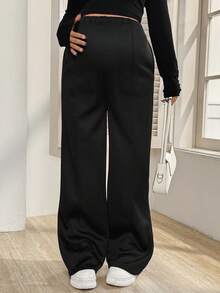 SHEIN 孕妇可调节腰部保暖内衬宽松休闲运动裤 - 黑色 - 查看 3