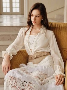 Savoree Women's Elegant Handmade Floral Collar Decorative Loose Lightweight Long Sleeve Shirt, Autumn Winter,Long Sleeve Tops