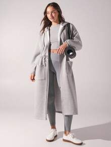 Menodora SHEIN Sport Jaqueta feminina casual esportiva diária com cordão na cintura, patchwork, bolso, zíper, capuz, longa, outono/inverno - Cinza - Ver 5