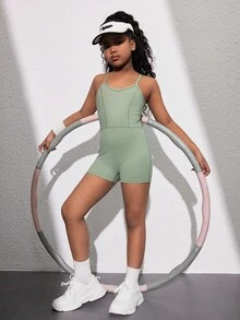 SHEIN Tween Girls Casual Fitted Sleeveless Hollow Back Sports Top - Green - View 4