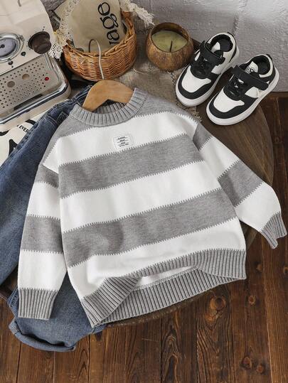 LMoss Kids LMoss 1 件年轻男孩韩版可爱休闲条纹高领超大保暖毛衣，可穿内搭或外搭，适合外出、上学、日常聚会、圣诞节、秋冬红白毛衣儿童针织毛衣条纹毛衣