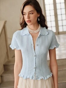 SHEIN Unity Cardigan Rajut Slim-Fit Elegan untuk Wanita, Biru Muda, Musim Gugur, Kencan Malam, Desain Gelombang, Kerah Berkerut, Lengan Pendek, Kancing Mutiara, Ringan, Musim Panas - Baby Blue - View 4