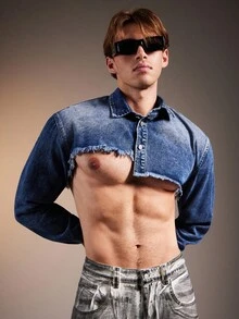 FeverCity 男士长袖毛边休闲牛仔夹克，秋季 - 藍色 - 查看 3