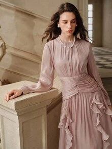 Savoree Elegant Ruffle Trim Long Sleeve Woven Dress, Lotus Root Pink