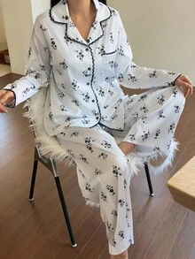 DAZY Ditsy Floral Contrast Lace Trim Women Pajama Set, Fall Clothes - White - View 1