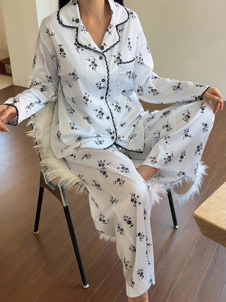 Ditsy Floral Contrast Lace Trim Women Pajama Set, Fall Clothes