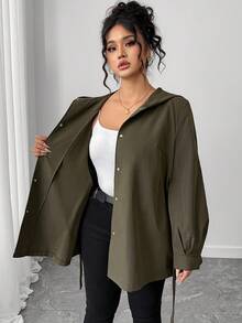 SHEIN Elenzya Plus Size Elegant Solid Color Hooded Jacket With Belt Winter Fall Autumn