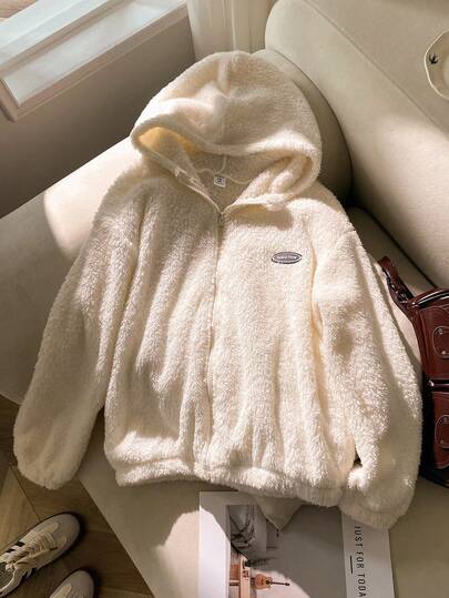 SHEIN Girls' Jacket, Casual Sports, Solid Color Fuzzy Fabric + Sports Patch Decor, Short Length Long Sleeve Hooded Jacket Outerwear, Paired With T-Shirt, Sweater, Pants, Sweatpants, Winter Clothes For Kids Fall