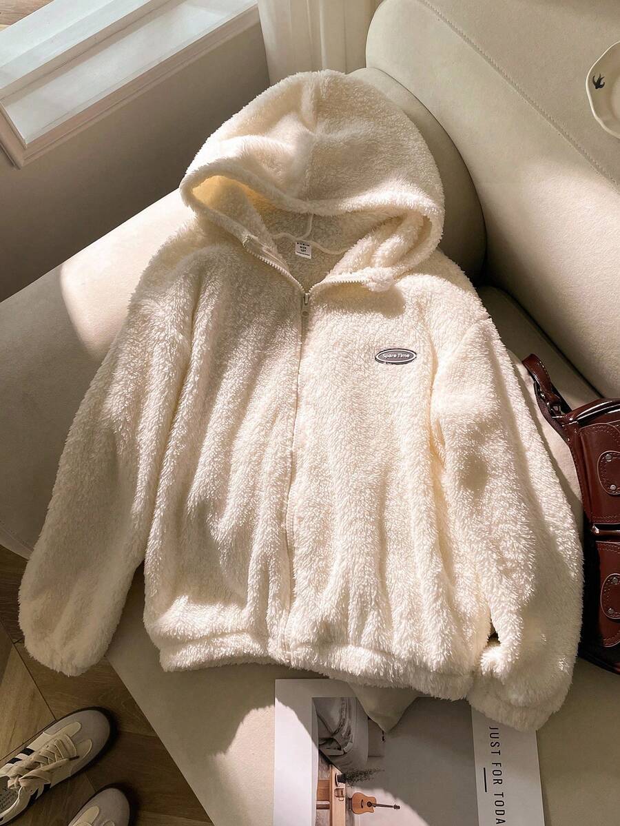 SHEIN Girls' Jacket, Casual Sports, Solid Color Fuzzy Fabric + Sports Patch Decor, Short Length Long Sleeve Hooded Jacket Outerwear, Paired With T-Shirt, Sweater, Pants, Sweatpants, Winter Clothes For Kids Fall