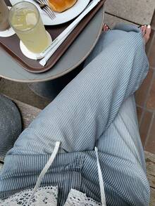 DAZY Striped Drawstring Wide Leg Straight Jeans, Versatile & Loose - Light Wash - View 1