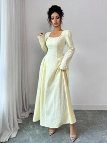 Elenzga Women's Elegant Pale Yellow Jacquard Fabric High-End Backless Bowknot Waist Patchwork A-Line Long Sleeve Midi Dress,Autumn Date Work Commute Cloth - Yellow - View 7