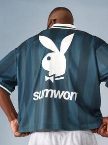 PLAYBOY X SUMWON Áo thun polo sọc đặc trưng, áo thun thể thao mùa hè, áo thun cổ bẻ, bộ sưu tập thời trang đường phố, huy hiệu thêu giải trí cho đội - màu xanh lá - Xem 1