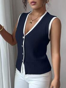 Rafferiza Contrast Color 2 In 1 V-Neck Sleeveless Cardigan Vest Knit Sweater - Navy Blue - View 3